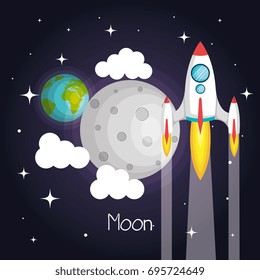 space rocket flying in space with moon earth and stars clouds