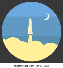 Space rocket flying in space with moon on background print vector illustration