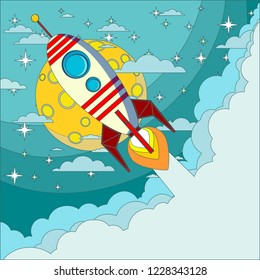 Space rocket flying in space with moon and stars on background print vector illustration