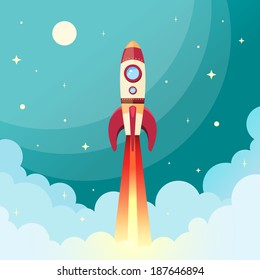 Space Rocket Flying In Space With Moon And Stars On Background Print Vector Illustration