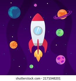 Space rocket flying in space with moon and stars on background print vector illustration