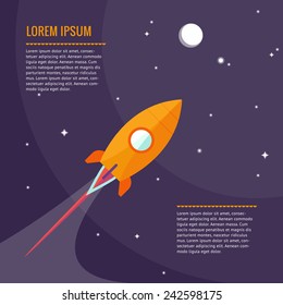 Space rocket flying in space with moon and stars. Vector