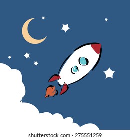 Space rocket flying in space with moon and stars on background. vector illustration