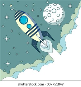 Space rocket flying in space with moon and stars on background print vector illustration