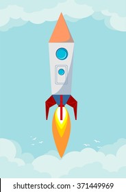 Space rocket flying in space with moon and stars on background print vector illustration
