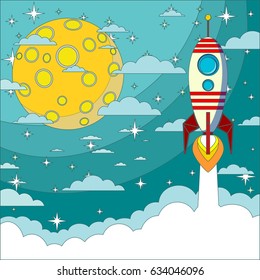 Space rocket flying in space with moon and stars on background print vector illustration