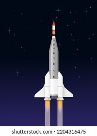 Space rocket flying in the open space vector illustration with stars on background