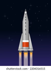 Space rocket flying in the open space vector illustration with stars on background