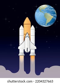 Space rocket flying in the open space vector illustration with stars and planet Earth on background