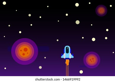Space rocket flying in outer space among other planets