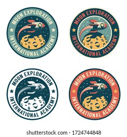 Space Rocket flying over the moon - retro badge. Spaceship and planet with craters - vintage emblem. Vector illustration.
