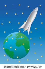 
Cohetes espaciales sobrevolando el planeta Tierra rodeados de estrellas en el espacio
