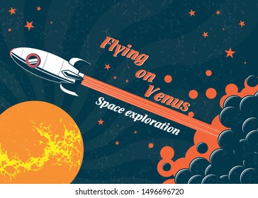 Space rocket flying to the planet Venus. Vector poster on the theme of space research. Space exploration, vintage banner.