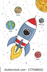 Space Rocket Flying In Space With Planets And Stars. Educational Design For Kids. Poster For Baby Room. Childish Print For Nursery. Vector Illustration.