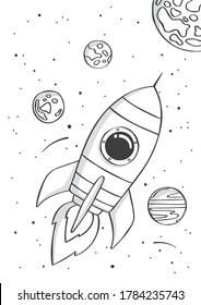 Space rocket flying in space with planets and stars. Poster for baby room. Childish print for nursery. Vector illustration.