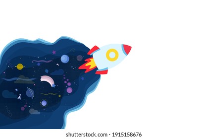 Cohetes espaciales volando en el espacio con planetas y estrellas en segundo plano. Ilustración vectorial plana para la ciencia y el diseño educativo.