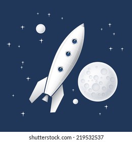 Space rocket flying in space with planets and stars and the moon
