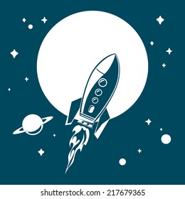 Space rocket flying in space with  planets.Vector  illustration