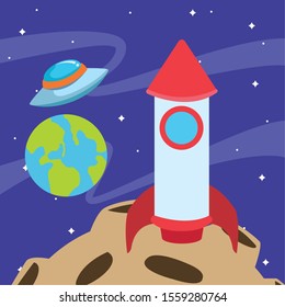 space rocket and flying saucer at the space with planets, colorful design. vector illustration