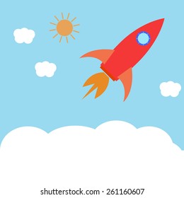 Space rocket flying in the sky. The concept of business success, start. Vector illustration. 