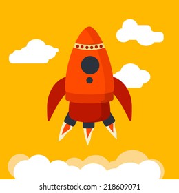 Space rocket flying in sky, design colored vector illustration 