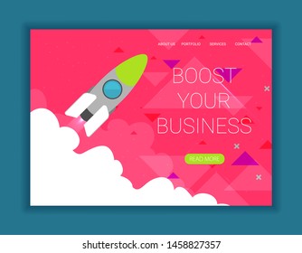 Space rocket flying in sky, flat design colored vector illustration