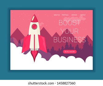 Space rocket flying in sky, flat design colored vector illustration