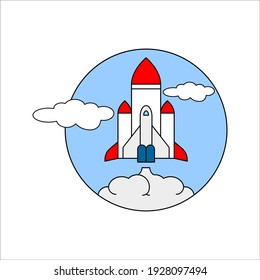 Space rocket flying in sky, flat design colored vector illustration on background. color editable