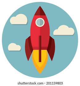 Space rocket flying in sky, flat design colored vector illustration