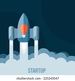 Space rocket flying in sky, flat design colored vector illustration, startup