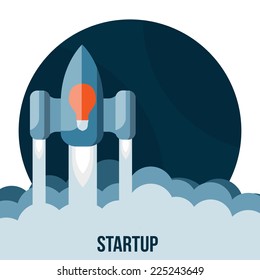 Space rocket flying in sky, flat design colored vector illustration, startup
