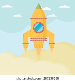 Space rocket flying in sky, flat design colored vector illustration