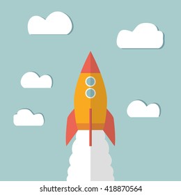 Space rocket flying in sky, flat design colored vector illustration