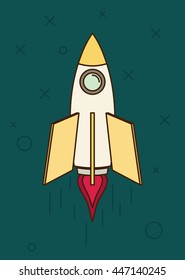 Space rocket flying in sky, flat design colored vector illustration