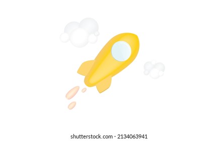 Space rocket flying to sky on white background
