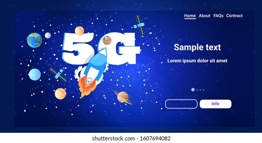 space rocket flying in sky over planets of solar system 5G online wireless system connection fifth innovative generation of high speed internet horizontal copy space vector illustration