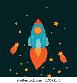 Space rocket flying with stars and comets, cartoon spaceship on black background