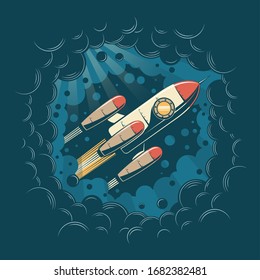 Space rocket flying through a black hole - retro poster. Rocket ship in the galactic nebula - vintage vector illustration.