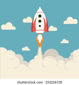 Space rocket flying top sky flat, vector illustration