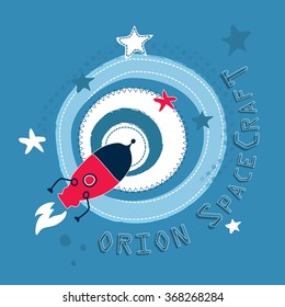 Space rocket flying in space, T-shirt design vector illustration