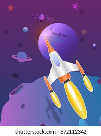 Space rocket flying  in the universe cute  art vector paper art  illustration