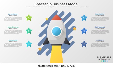 Space rocket flying up, 6 stars and text boxes. Concept of spaceship business model, successful startup launch. Creative infographic design template. Vector illustration for banner, presentation.