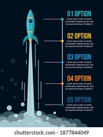 Space rocket flying in space. Web page with copy space for text. Startup business template infographics, information