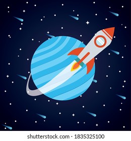 Space rocket in front of planet on starry background of futuristic and cosmos theme Vector illustration