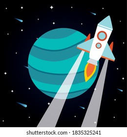 Space rocket in front of planet on starry background of futuristic and cosmos theme Vector illustration