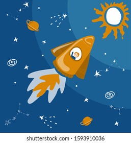 in space a rocket with a girl surrounded by stars