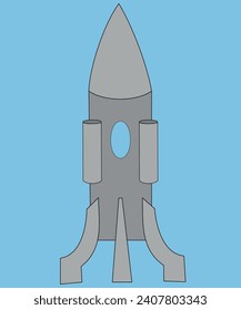 Space rocket, gray. The vehicle has a porthole, two turbines, a sharp head and three metal legs. The drawing can be used as a logo.