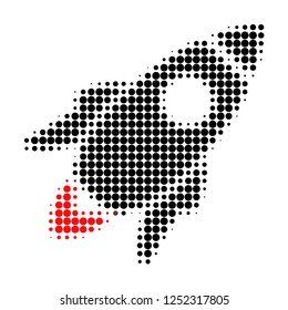 Space rocket halftone dotted icon. Halftone pattern contains round dots. Vector illustration of space rocket icon on a white background.