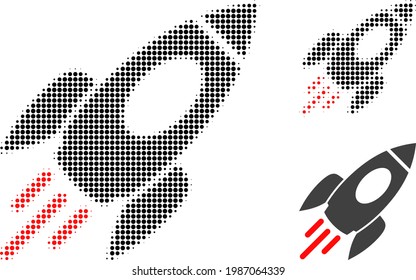 Weltraumrakete halbwegs gepunktetes Symbol. Halftone-Array enthält Kreis-Pixel. Vektorgrafik von Raumraketensymbol auf weißem Hintergrund.