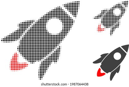 Icono de punto medio del cohete espacial. La matriz de semitono contiene elementos redondos. Ilustración vectorial del icono del cohete espacial en un fondo blanco.